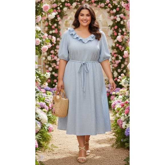 Draper James Dresses & Skirts - Draper James Gingham Dress Plus Sz 3X Blue Puff Sleeve Ruffle Cottage Romantic